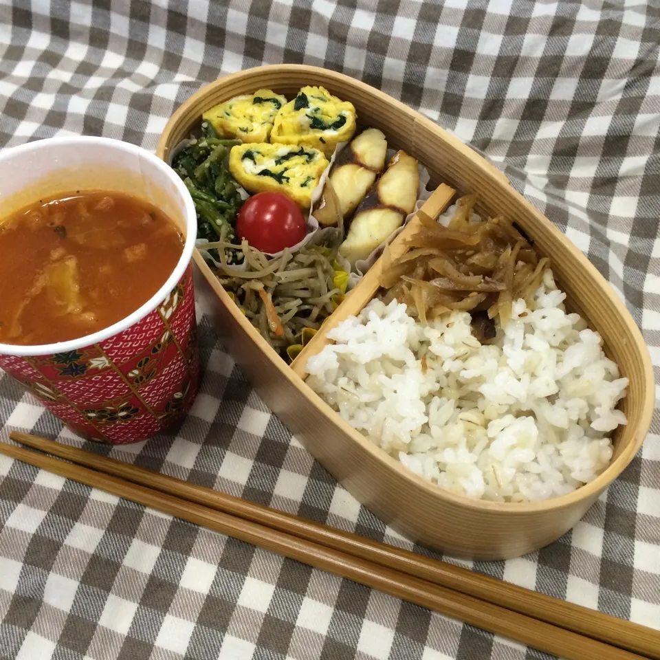 弁当（鯖塩焼き、きんぴら、玉子焼き、ほうれん草胡麻和え、プチトマト、生姜佃煮、ミネストローネスープ）|SasaMasa213さん