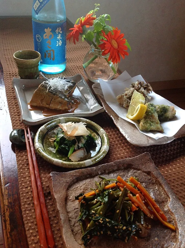 鯖の味噌煮  舞茸と鶏天ぷら  空芯菜のきんぴら  モロヘイヤのおひたし|izunさん