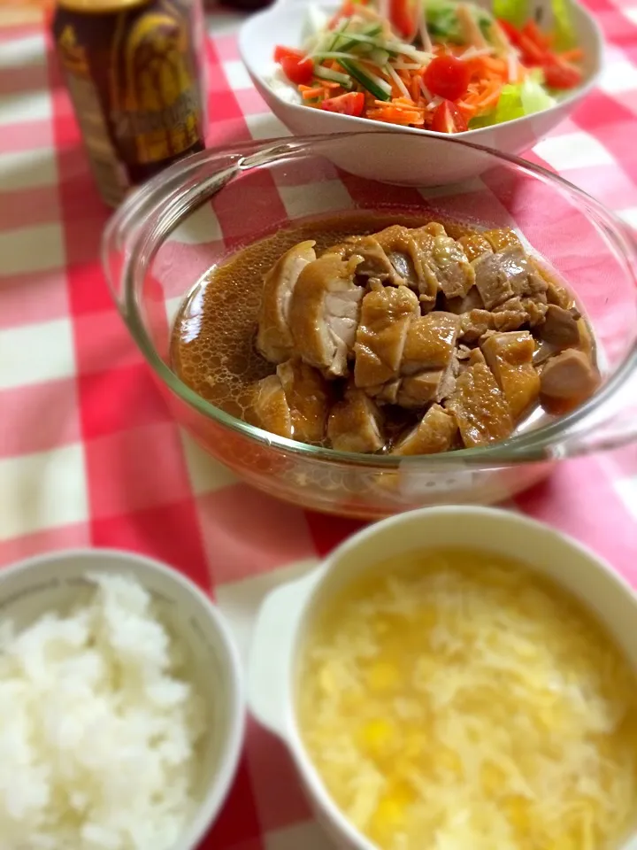 夜ご飯…鶏モモ肉の照り煮、サラダ、コーンスープ|hanakoさん