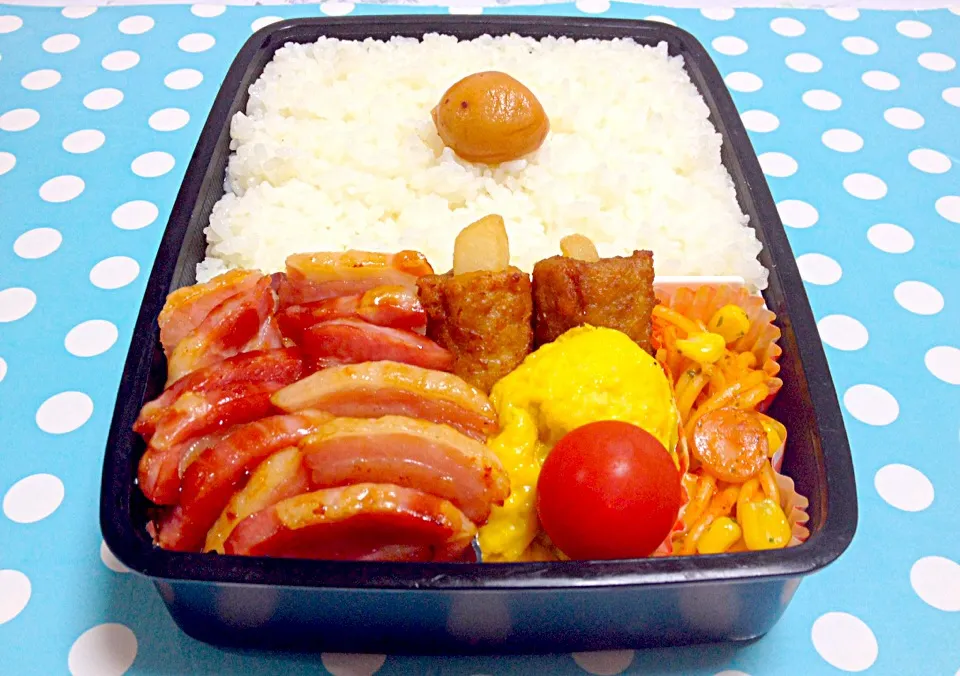 Fried sausage steak, minced meat omelet, potato pork roll & napolitan spaghetti on lunch box|Liezlさん