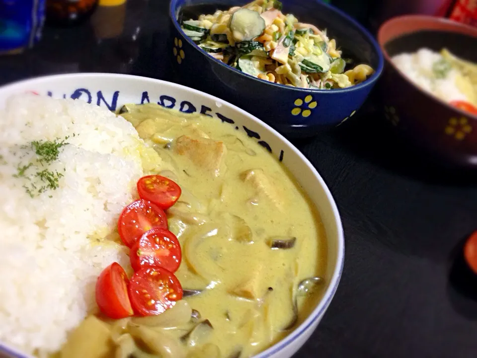 今日の晩ご飯は、グリーンカレー、マカロニ野菜サラダ。|ゆえさん