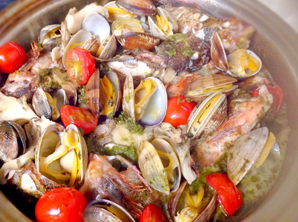 昨日釣って来た、カサゴちゃん🐟のアクアパッツァ😋|アライさんさん