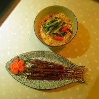 Snapdishの料理写真:葱油拌面和烤孜然羊肉串|michellegzさん