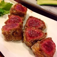 Snapdishの料理写真:牛肉の竜田揚げ|たべたくさん