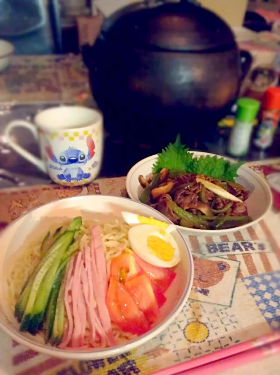 今晩のご飯♪  冷やし中華と肉炒め|なみさん