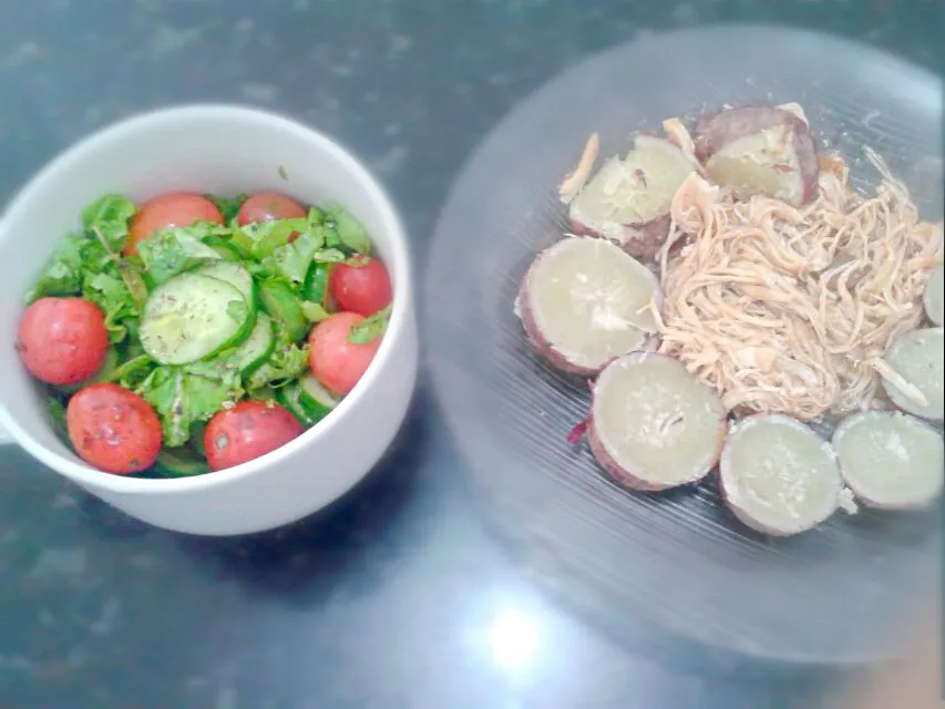 05/07/2014 - almoço

frango desfiado com molho madeira, extrato de tomate e orégano + batata-doce

salada de alface + rúcula + pepino + tomate-cereja + azeite +|Gabriela Baptistaさん