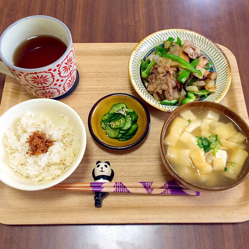 豚バラ野菜炒め、みそ汁、きゅうりの塩もみ、肉そぼろごはん|野村彩乃さん