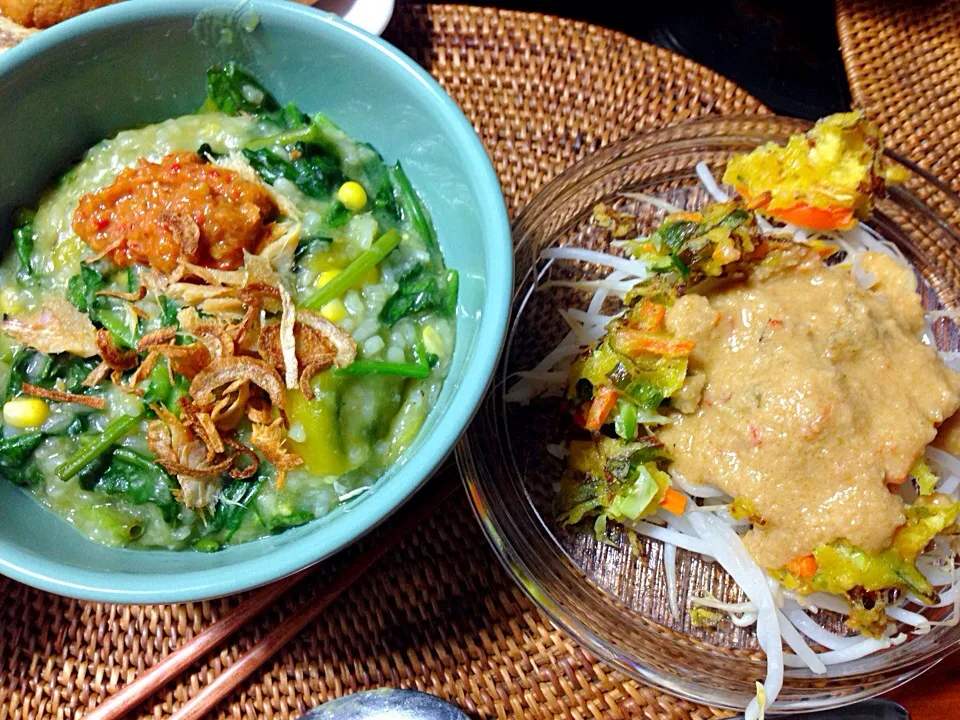 Dinner, bubur menado & bakwan toge bumbu Kacang|yeni kartikasariさん