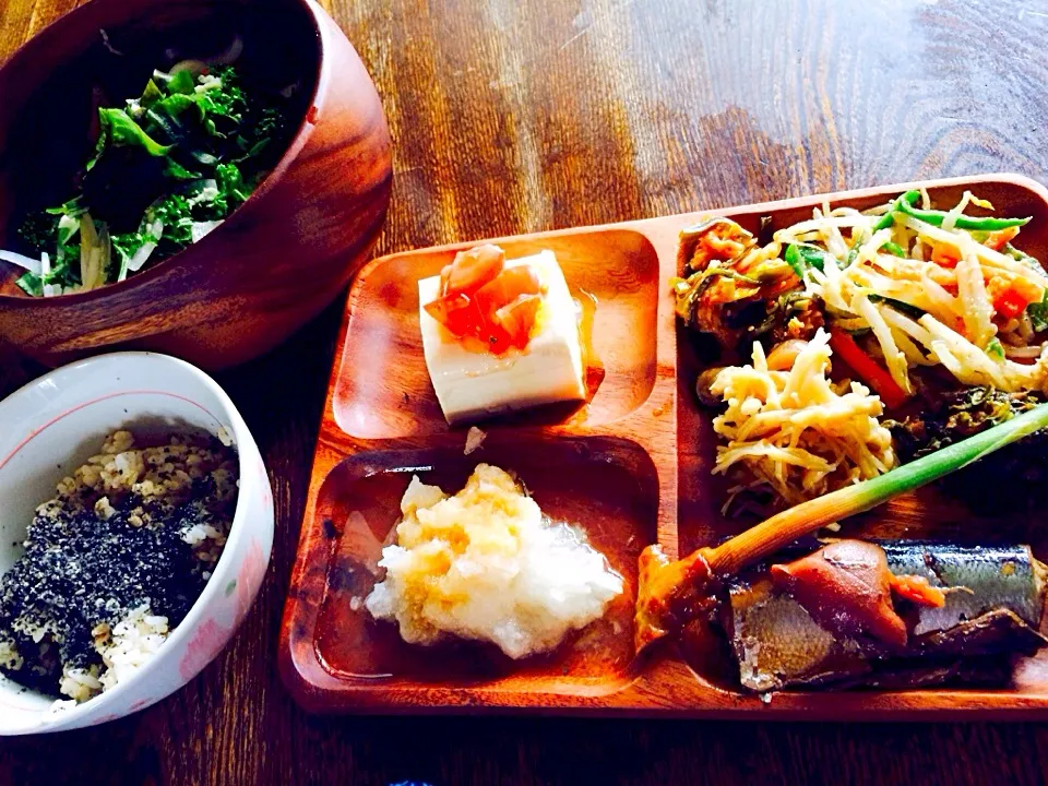 発芽玄米と麦ご飯の煮干し粉と黒すり胡麻がけと豆腐のカプレーゼと大根おろしポン酢がけと自家製キムチともやしとピーマンと人参のナムルとエノキとシメジのマリネと葉生姜の醤油漬けと秋刀魚の梅煮|トキロックさん