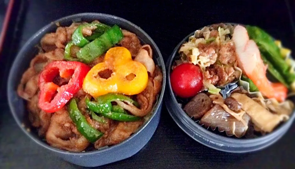 夫の弁当 生姜焼き丼 コンニャク茸油揚げ煮 胡瓜酢の物 ひき肉キャベツ炒め|まった ゆうゆうさん