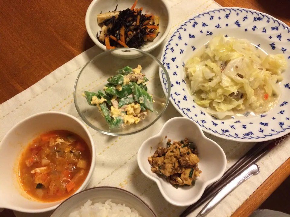 Snapdishの料理写真:キャベツの春雨煮  ひじき煮  インゲンとツナのサラダ  麻婆豆腐  トマトスープ|あんなさん