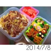 Snapdishの料理写真:牛丼、カボチャの煮付け、スイカ|やさぽんさん