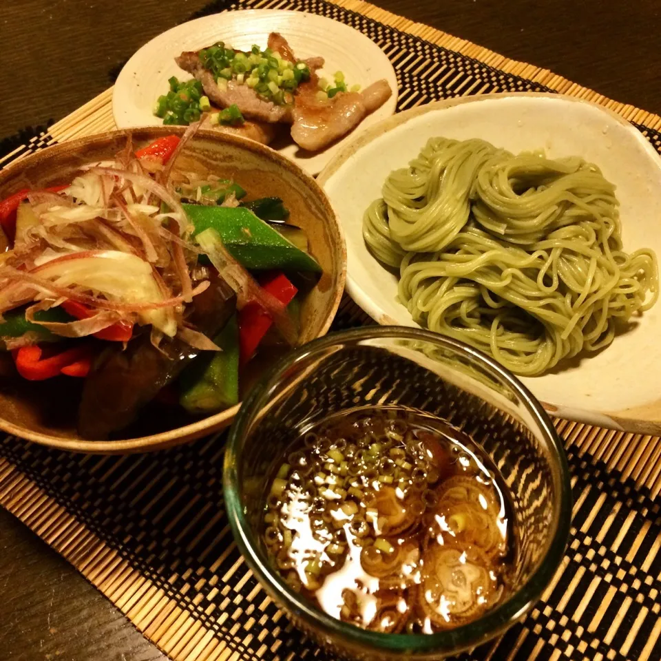 Snapdishの料理写真:シモンそうめん、夏野菜揚げ浸し、肩ロース塩麹焼き|maruruさん