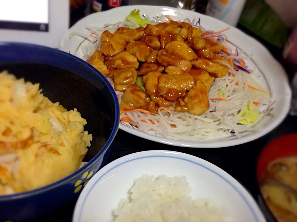 今日の晩ご飯は、鶏肉の生姜焼き、ちくわ入りタラモサラダ、茄子と茗荷の味噌汁。|ゆえさん