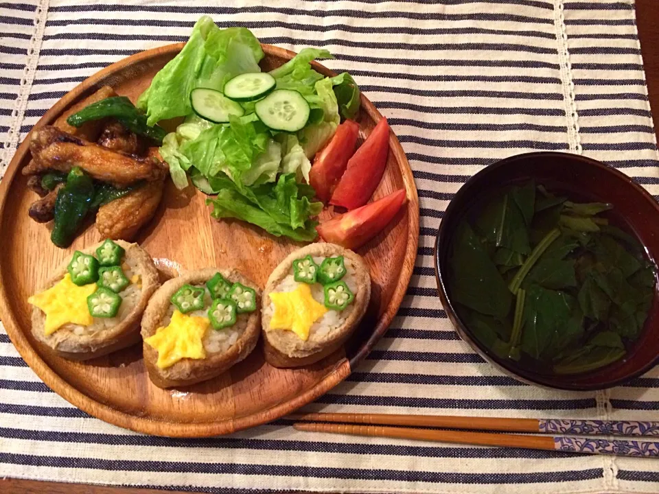 七夕おいなり 中手羽とししとうの甘辛揚げ ほうれん草のお吸い物|haseseさん