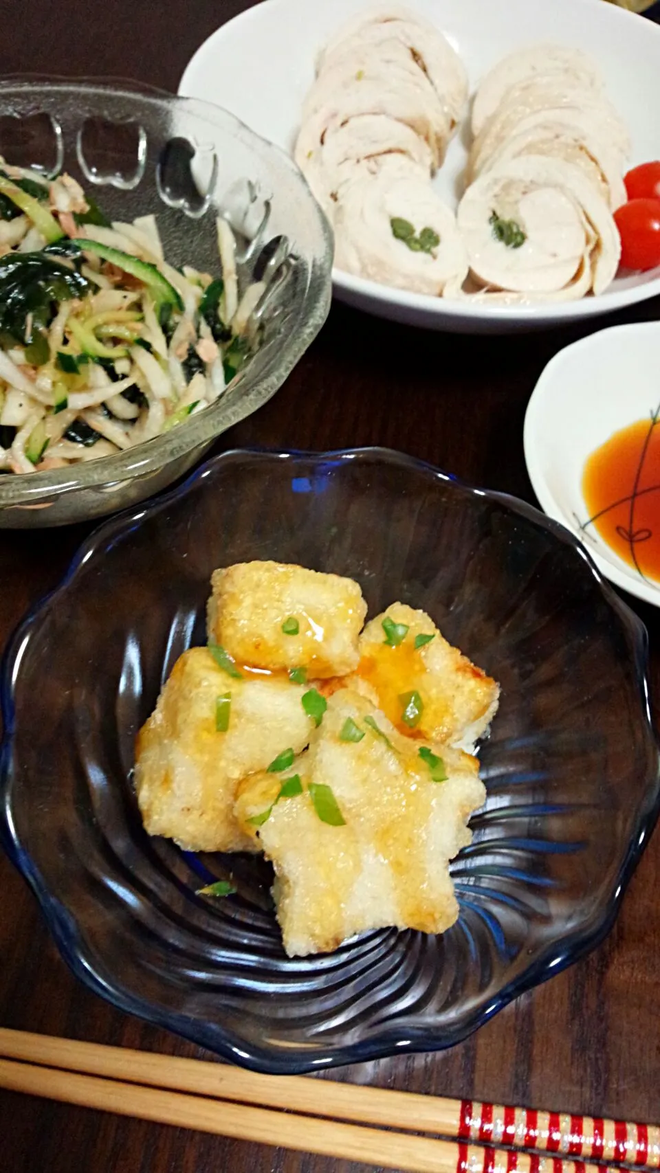 七夕の晩御飯。揚げ出し豆腐、鳥ハム、大根サラダ|nonmamaさん