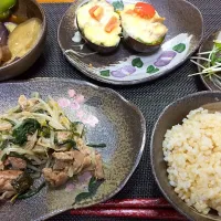 Snapdishの料理写真:豚肉とにらともやしの炒めもの。アボガドグラタン、揚げなす、こんにゃくステーキ|Takako Matuuraさん