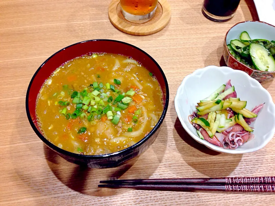 カレーうどんとイカと胡瓜の酢味噌和え|あやさん