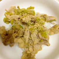 Snapdishの料理写真:長ネギと豚コマの味噌炒め丼|やまきさん