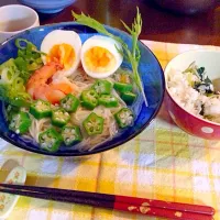 七夕素麺、ごま柚子ポン酢ごま油タレ付きと、小松菜ジャコ炒め和えご飯 笑|Obatakaoriさん