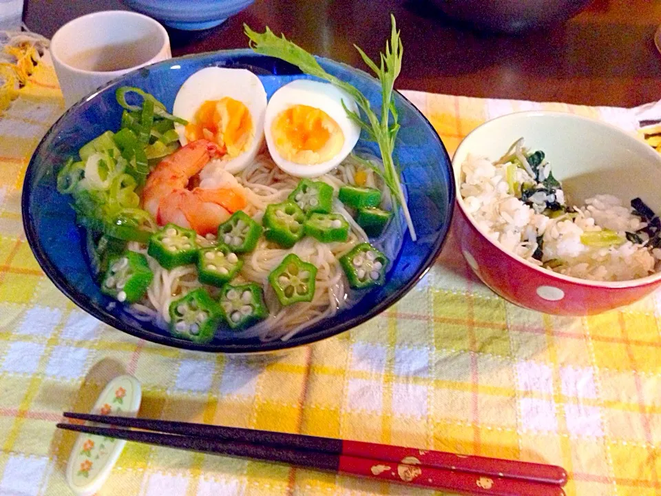 Snapdishの料理写真:七夕素麺、ごま柚子ポン酢ごま油タレ付きと、小松菜ジャコ炒め和えご飯 笑|Obatakaoriさん