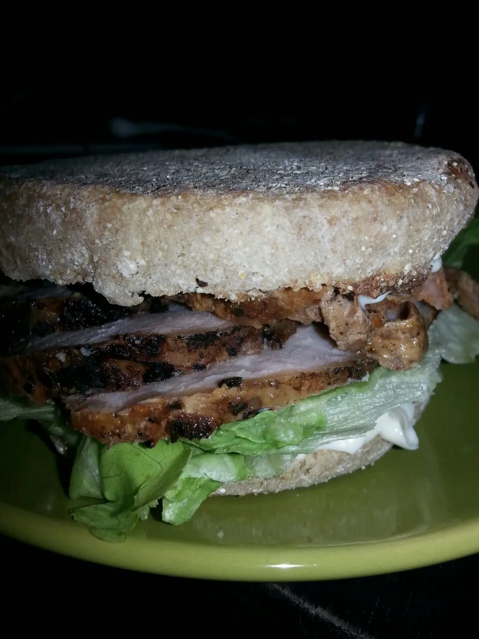 English muffin with pork,  lettuce,  mayo and mUstard.|Polly Gelfusoさん