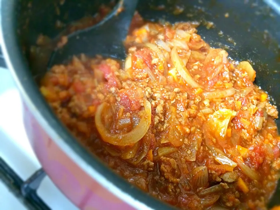 食べれない野菜全部刻んで隠したミートソース♡|あいさん