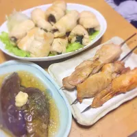 Snapdishの料理写真:ササミの梅しそ蒸し炒め 焼鳥  茄子の煮浸し|なにわの酒呑み2さん