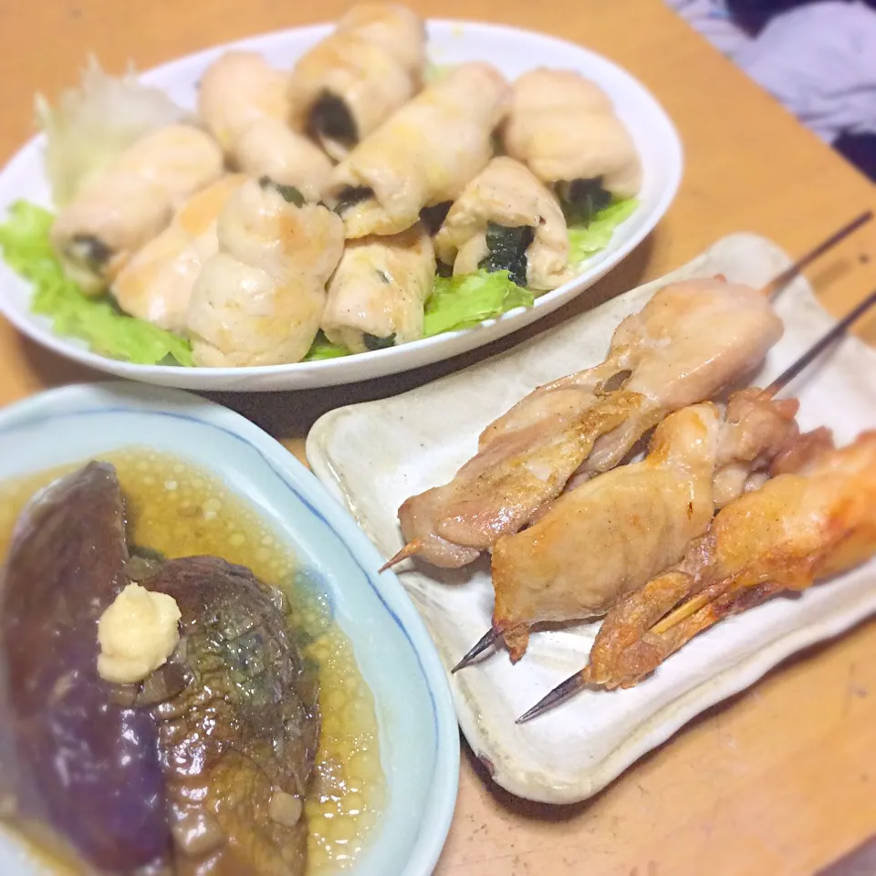 Snapdishの料理写真:ササミの梅しそ蒸し炒め 焼鳥  茄子の煮浸し|なにわの酒呑み2さん