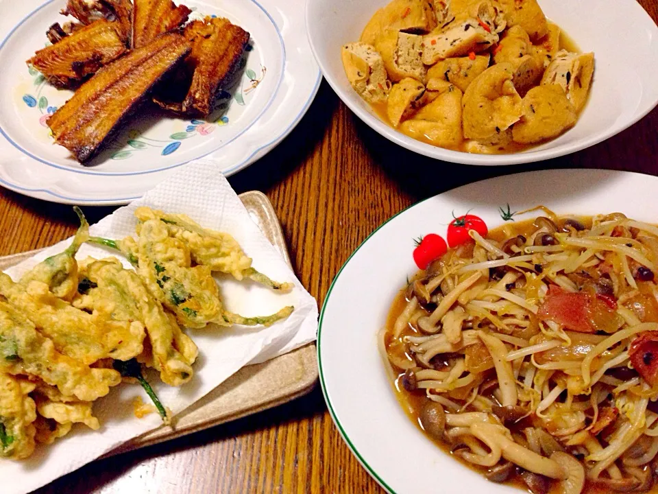 Snapdishの料理写真:Yasai mushroom sauted, shishito tempura, fried hokke fish, nimono tofu✌️😊🍴          Let's eat guys!!😄✌️ yummy!!|í♥︎ՏɑƘմɾɑさん