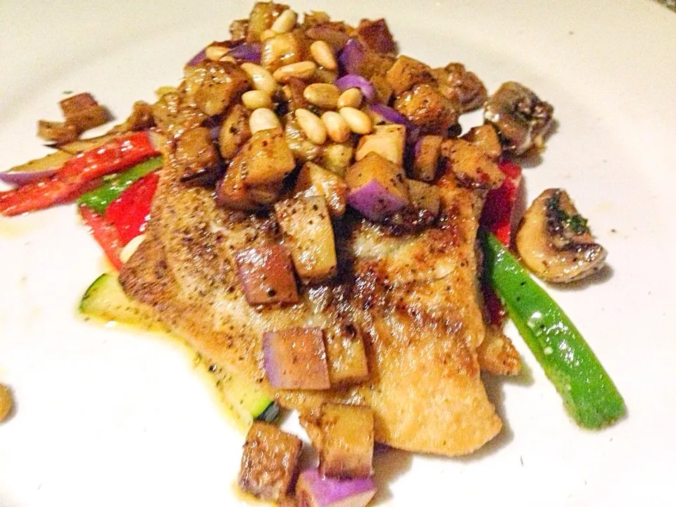 Snapdishの料理写真:Grilled barramundi with julienne vegetables and pine nuts|sgさん