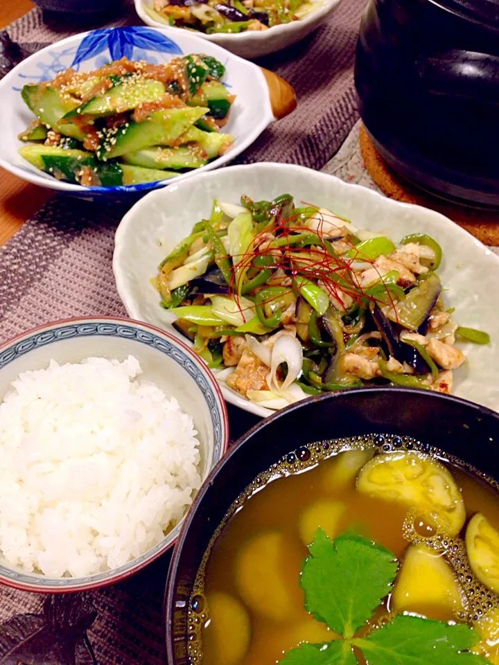 Snapdishの料理写真:茄子とピーマンとササミの中華炒め  きゅうりの梅肉和え🍀|デミさん