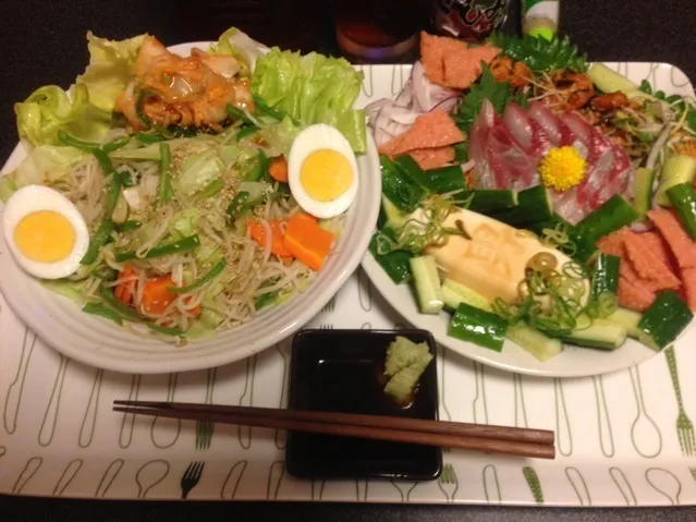 モヤポン冷サラダ、キムチ、ゆで卵、鯛の子甘辛煮、カンパチのお刺身、明太天、塩もみキュウリ、ゆず男奴！✩⃛꒰⁎⁍̴◡⁍̴⁎ ॢ꒱✨|サソリさん