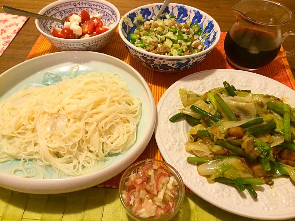 素麺、レタスと大蒜の芽炒め、オクラ納豆キャベツ、モッツァレラ＆プチトマト|Junya Tanakaさん