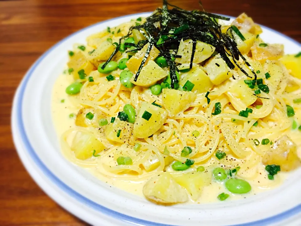 Snapdishの料理写真:枝豆ポテトの明太子クリームパスタ|古田拓馬さん