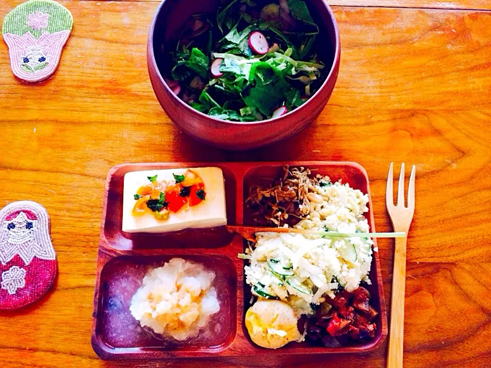 生野菜サラダと豆腐のカプレーゼと大根おろしポン酢醤油がけとエノキとシメジのカレー風味炒めとおからサラダと葉生姜の醤油漬けとキタアカリの蒸かしたんとラタトゥイユ|トキロックさん