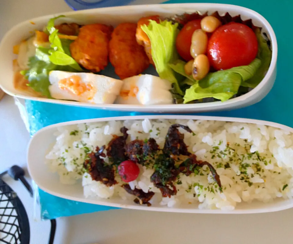 娘の弁当 カボチャチーズ焼 はんぺん 肉団子トマト味 ミニトマトと大豆のマリネ|まった ゆうゆうさん