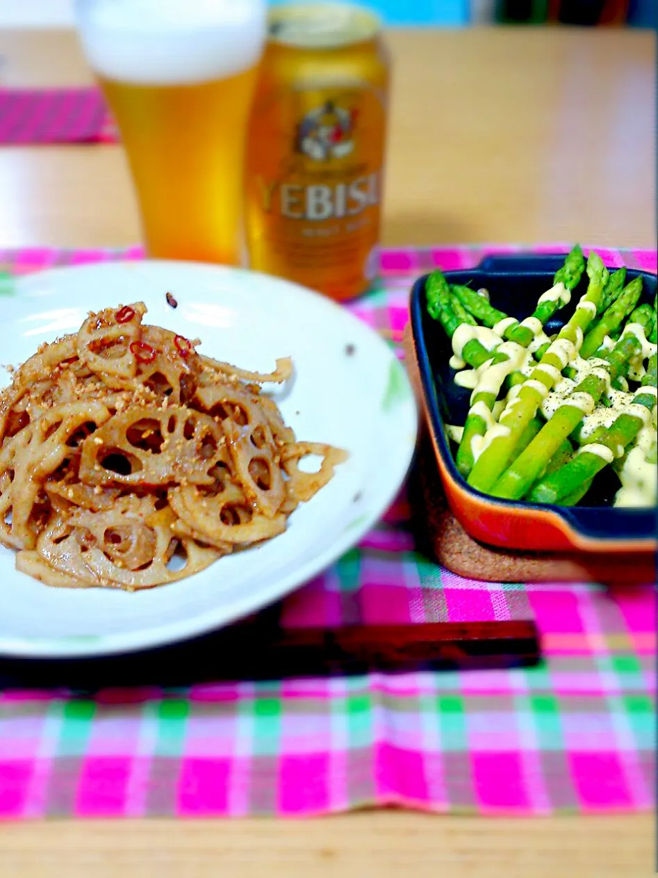 新れんこんのきんぴらとアスパラマヨ焼き|tokkoさん