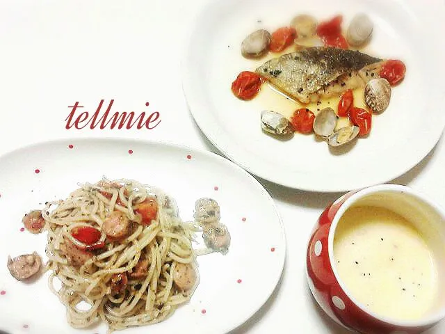 いつかの夕食★ジェノベーゼパスタ&アクアパッツァ&コーンスープ|yuika☆さん