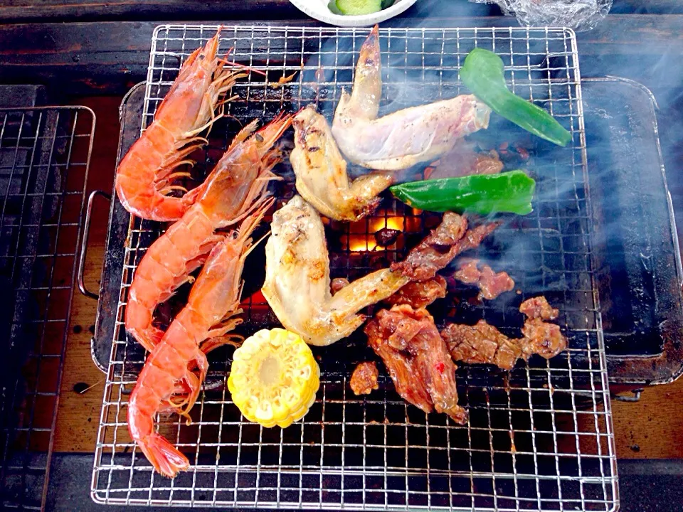 BBQ〜👏海老ー😊手羽ー😤ピーマンー😚モロコし村〜😙|きのすけ〜さん