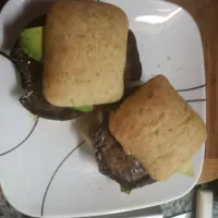 Snapdishの料理写真:Portobello mushroom burger with avocado on a ciabatta bun|Les Gazinskiさん