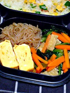 Snapdishの料理写真:お弁当（炒飯、小松菜とにんじんと薄揚げの炒め物、しらたきのきんぴら、卵焼き）|すーさん