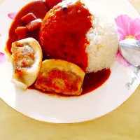 Snapdishの料理写真:牛肉咖喱&煎饺|Rinさん