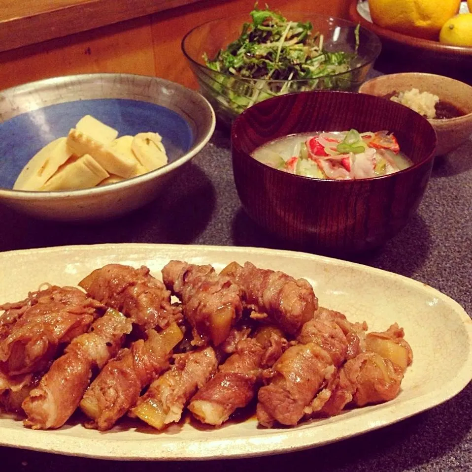 肉巻き大根煮、金目鯛あら汁、若竹煮、千切り野菜と江ノ島ひじきのサラダ|fusproutさん