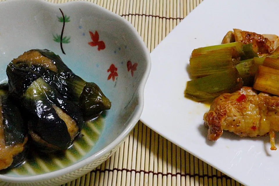 小茄子の肉詰めとカシワと長ネギの豆板醤いため|Hiroshi  Kimuraさん