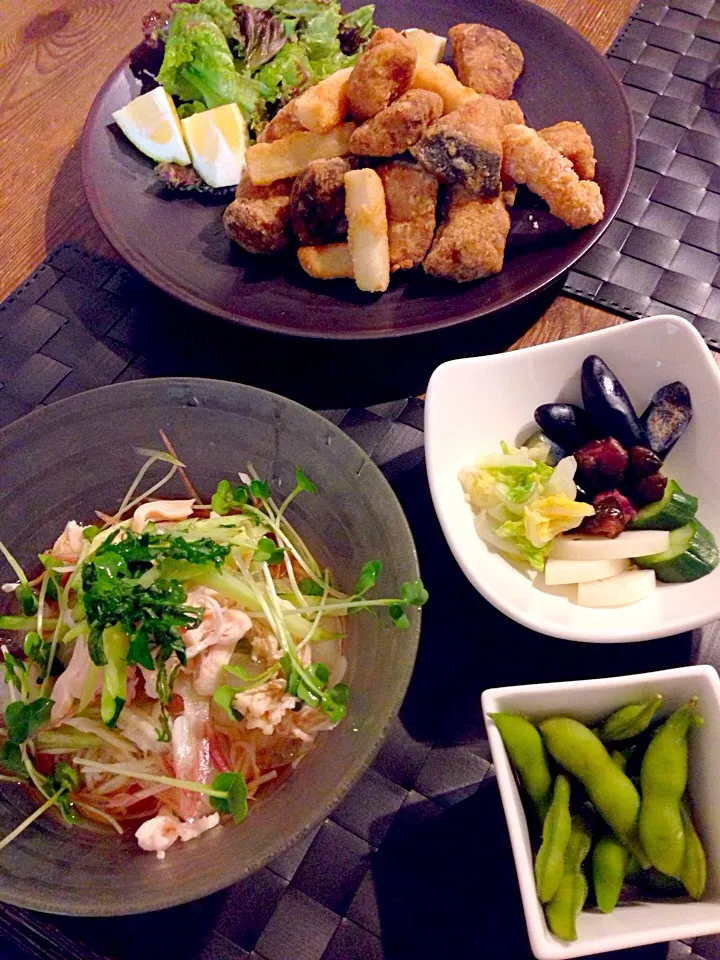 ブリの竜田揚げ＆長芋唐揚げ、ササミときゅうりのぶっかけ素麺、枝豆、お漬物💚|まみりんごさん