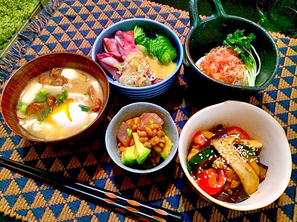 夏野菜の肉味噌炒め&ネバネバ納豆和え&豆イカからし酢味噌和え&おぼろ豆腐定食♪|Nonさん