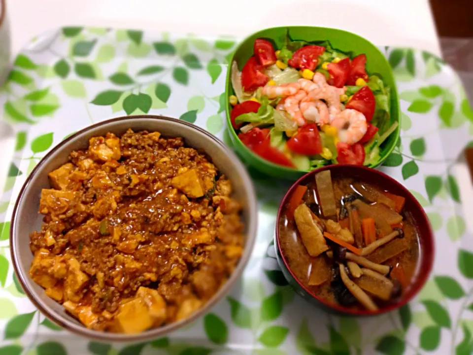 麻婆丼、彩サラダ、具だくさん味噌汁|あいにゃんさん