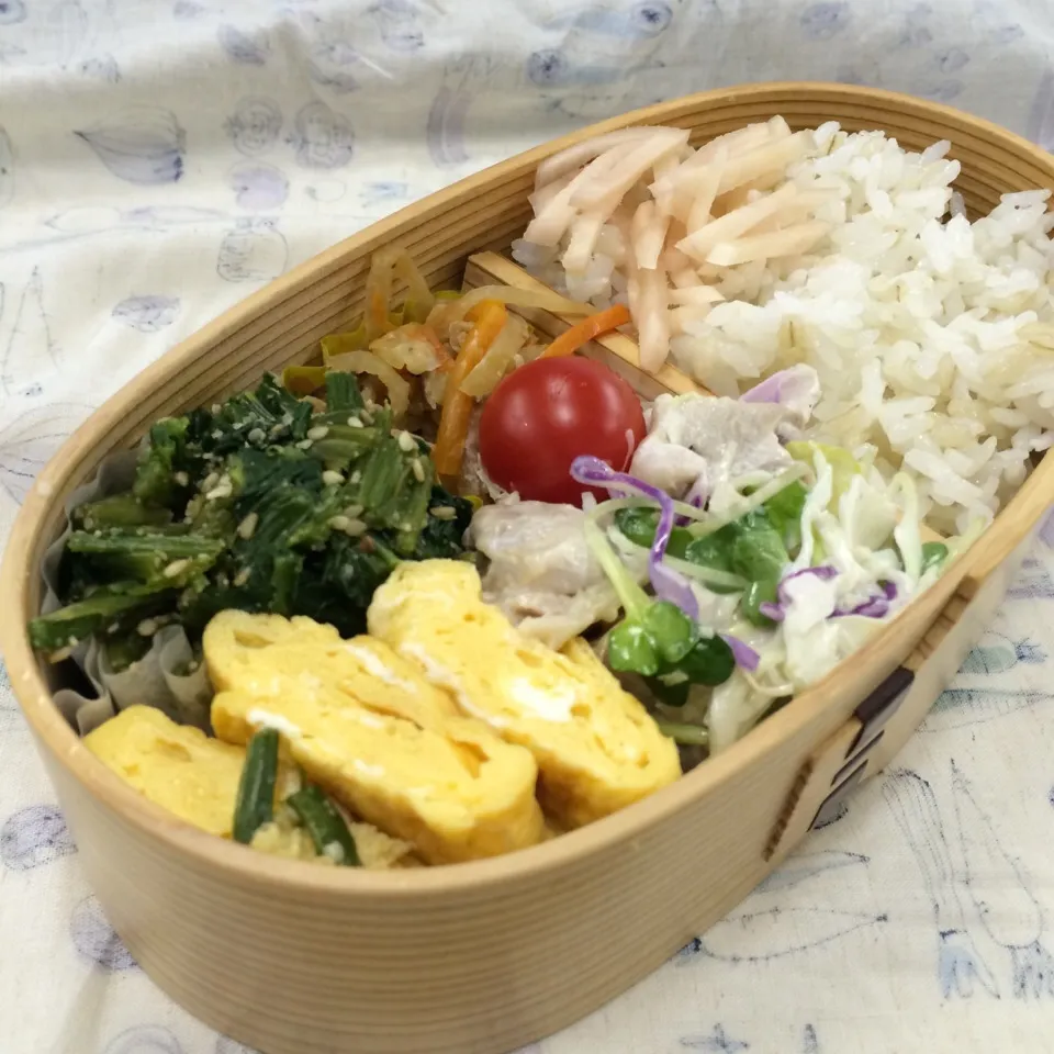 Snapdishの料理写真:弁当（茹で鶏と野菜のマヨネーズ和え、切干し大根、ほうれん草ゴマ和え、玉子焼き）|SasaMasa213さん