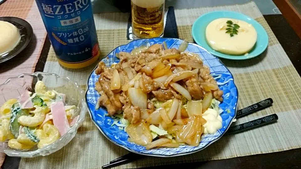 マカロニサラダ＆玉子豆腐豚のしょうが焼き＆極ゼロ|まぐろさん